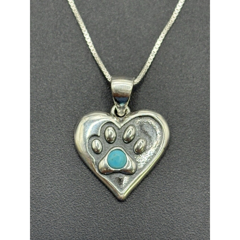 New Condition 18" Sterling Silver Turquoise Heart Paw Pendant Necklace 925